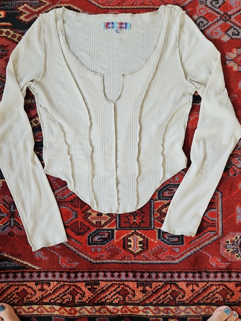 Urban Outfitters Cream Ribbed Long-Sleeve Scoop Top